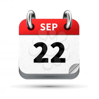 Bright realistic icon of calendar with 22 september date on white