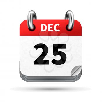 Bright realistic icon of calendar with 25 december date on white