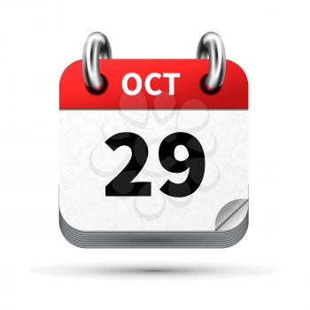 Bright realistic icon of calendar with 29 october date on white