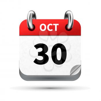 Bright realistic icon of calendar with 30 october date on white