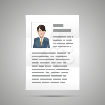 Bright resume with handsome guy photo, a4 document icon with shadow