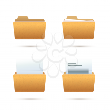 Bright yellow realistic folder icons with documents on white