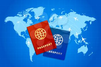 Couple bright passports on world map with airline routes