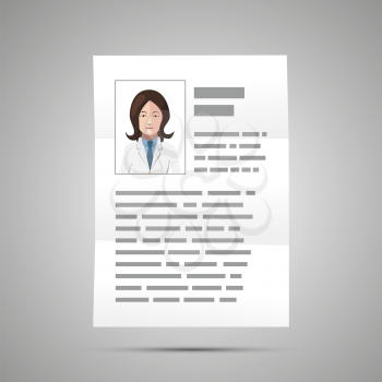 Doctor CV with woman photo, A4 size document icon with shadow