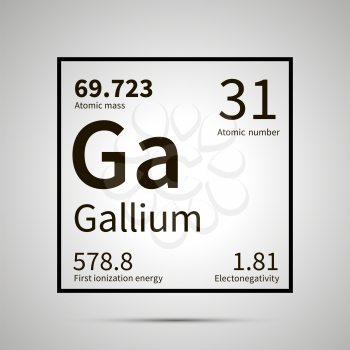 Gallium chemical element with first ionization energy, atomic mass and electronegativity values ,simple black icon with shadow on gray