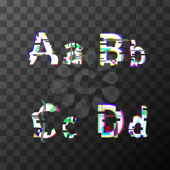 Glitch distortion font. Latin A, B, C, D letters on transparent background