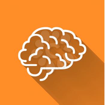 Human brain, simple white icon with long shadow on orange background