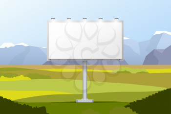 White empty billboard with lights on landscape with fields and mountains on background, flat illustration