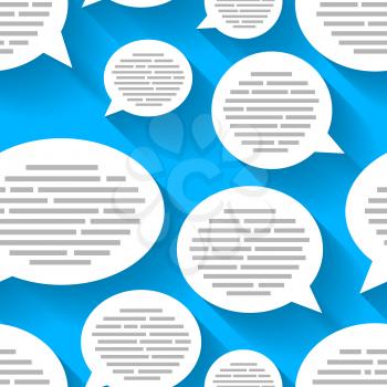 White speech bubbles with text and long shadow on blue background, seamless pattern