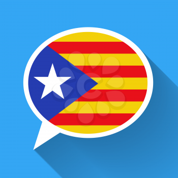 White speech bubble with Catalonia flag and long shadow on blue. Catalan language conceptual illustration