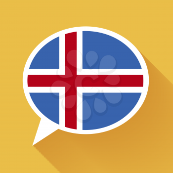 White speech bubble with Iceland flag and long shadow on yellow background. Icelandic language conceptual illustration