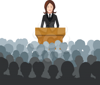 Woman holds a lecture to an audience flat illustration on white