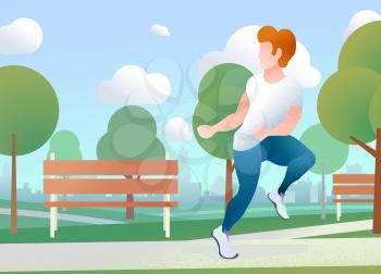 Young guy run in a urban park, flat concept illustration with text place