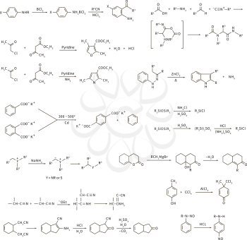 Large set of basic chemical reaction equations and formulas isolated on white