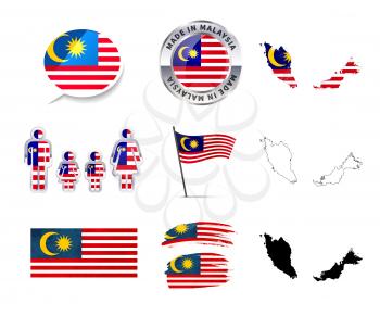 Large set of Malaysia infographics elements with flags, maps and badges isolated on white