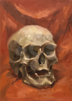 Old realistic human skull on red, oil painting