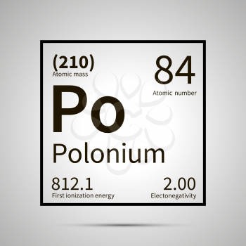 Polonium chemical element with first ionization energy, atomic mass and electronegativity values ,simple black icon with shadow on gray