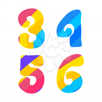 Psychedelic font with colorful pattern. Vintage hippie 3 4 5 6 letters on white background