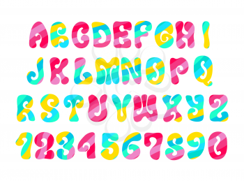 Psychedelic font with colorful pattern. Vintage hippie alphabet isolated on white.