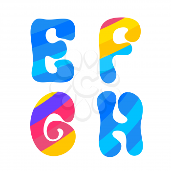 Psychedelic font with colorful pattern. Vintage hippie E F G H latin letters on white background