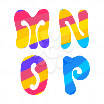 Psychedelic font with colorful pattern. Vintage hippie M N O P latin letters on white background