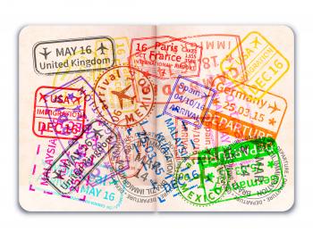 Realistic open foreign passport with many bright colorful immigration stamps isolated on white
