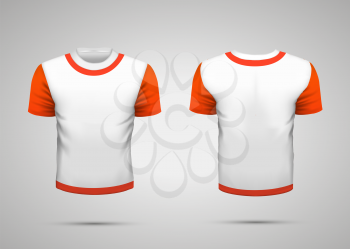 Realistic white sport t-shirt with red sleeves and collar from front and back
