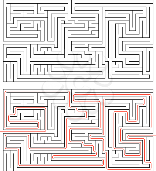 Rectangular maze of medium complexity isolated on white and solution with red path