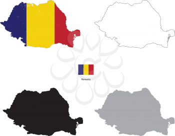 Romania country black silhouette and with flag on background, isolated on white