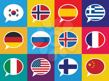 Set of colourful speech bubbles with different countries flags in flat design style. Languages concept illustration.