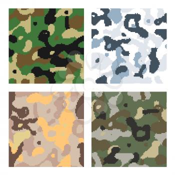 Set of different modern pixelated camouflage seamless patterns to disguise in forest, snow, desert and jungle isolated on white