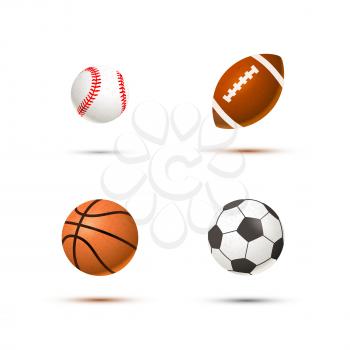 Set of realistic sport balls for soccer, basketball, baseball and rugby, isolated on white