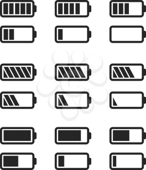 Set of simple black icons of batteries with different charge level isolated on white