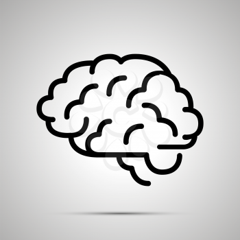 Simple black human brain icon with with shadow on gray