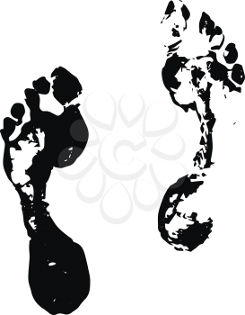 Tracks of bare human feet, black silhouette isolated on white