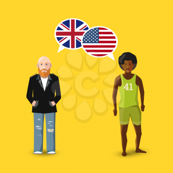 Two people with white speech bubbles with Great britain and USA flags. Language study conceptual illustration