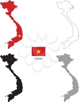 Vietnam country black silhouette and with flag on background, isolated on white
