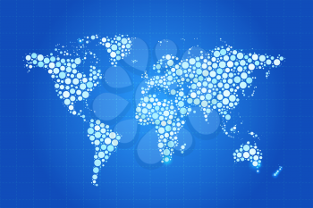 World Map made up from modern blue circles different sizes with bright glow