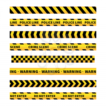 Yellow and black caution tapes, seamless borders set isolated on white