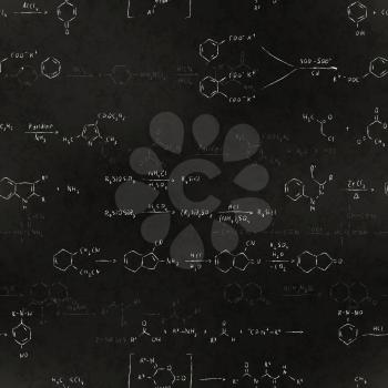 A lot of basic chemical reaction equations and formulas, chalk lettering on school blackboard seamless pattern