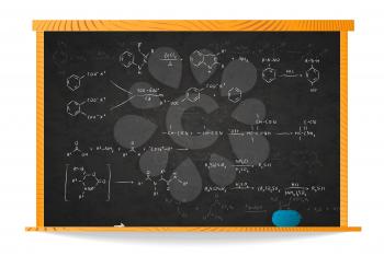 A lot of basic chemical reaction equations and formulas on school blackboard in wooden frame isolated on white