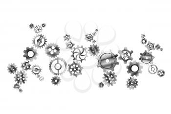 A lot of glossy metal cogwheels arranged in complicated mechanism isolated on white