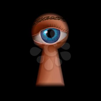 Black keyhole shape with human eye behind, spy concept illustration
