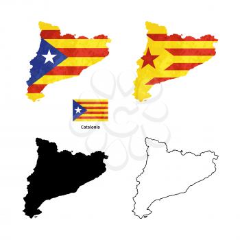 Catalonia country black silhouette and with flag on background on white