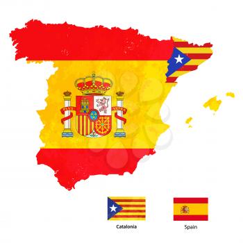 Catalonia silhouette on Spain map with flags on white
