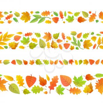 Four seamless borders made from cute autumn leaves isolated on white