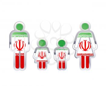 Glossy metal badge icon in man, woman and childrens shapes with Iran flag, infographic element on white