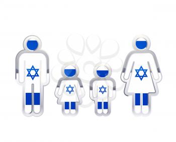 Glossy metal badge icon in man, woman and childrens shapes with Israel flag, infographic element isolated on white