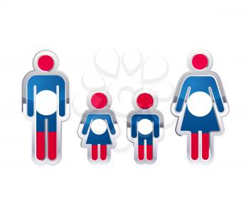 Glossy metal badge icon in man, woman and childrens shapes with Laos flag, infographic element isolated on white