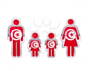 Glossy metal badge icon in man, woman and childrens shapes with Tunisia flag, infographic element isolated on white
